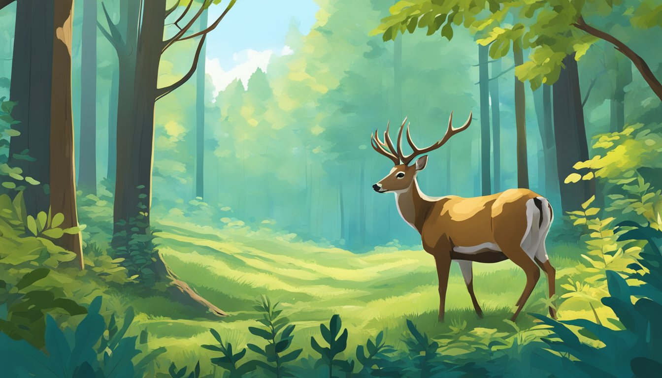 A serene forest clearing with a deer peacefully grazing, surrounded by vibrant plant life and a clear blue sky overhead