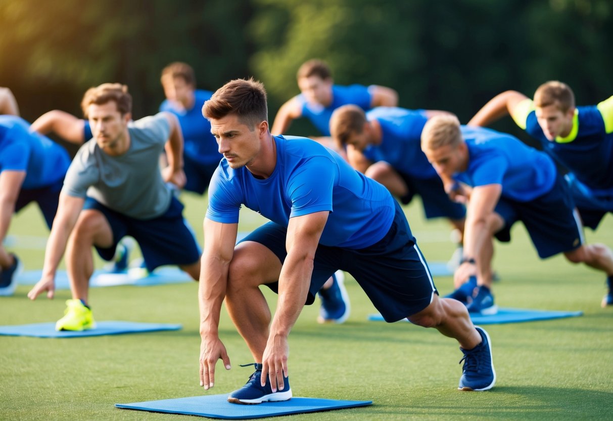 Eine Gruppe von Athleten, die Dehn- und Aufwärmübungen macht, bevor sie an sportlichen Aktivitäten teilnehmen, um Verletzungen vorzubeugen.