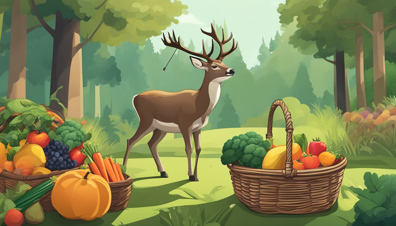 A forest clearing with a bow and arrow laid out next to a basket of freshly picked fruits and vegetables. A deer peacefully grazes in the background