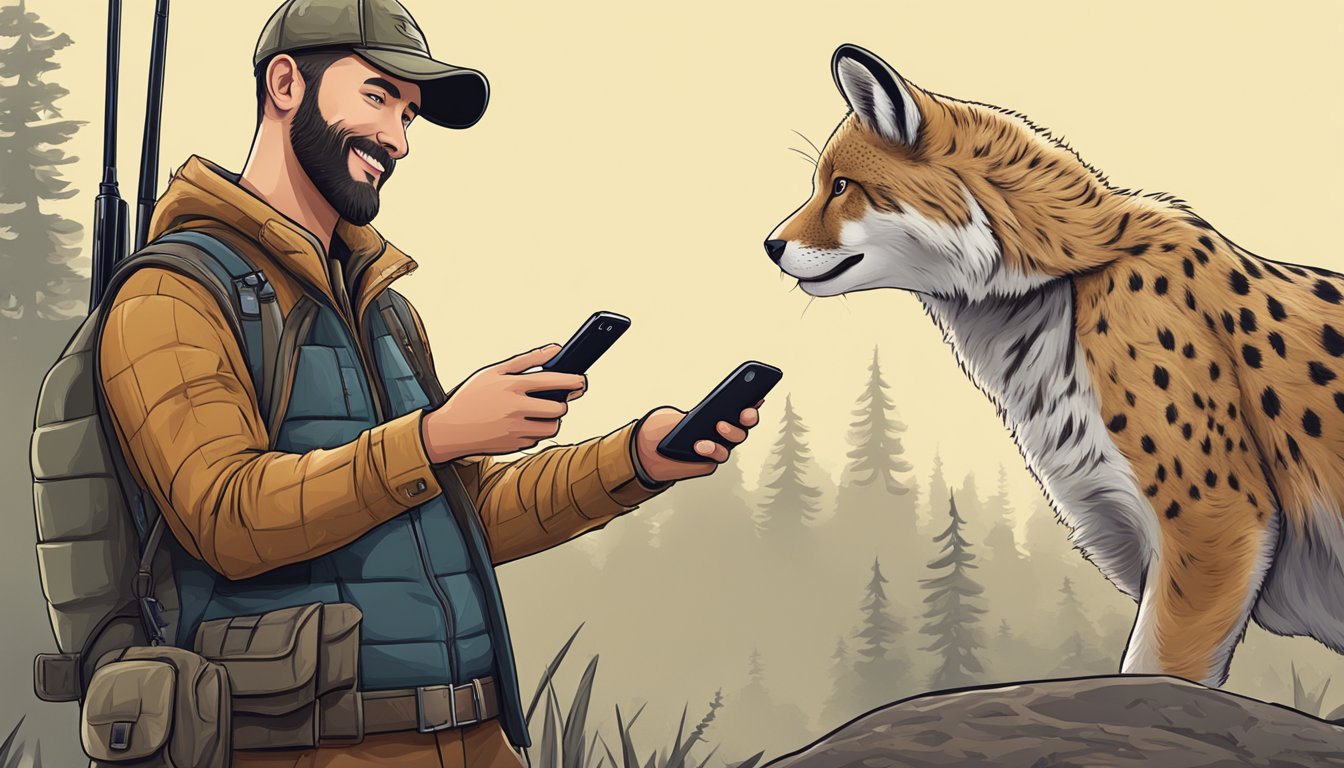 A hunter standing proudly next to a slain animal, holding a smartphone and smiling while taking a photo for social media