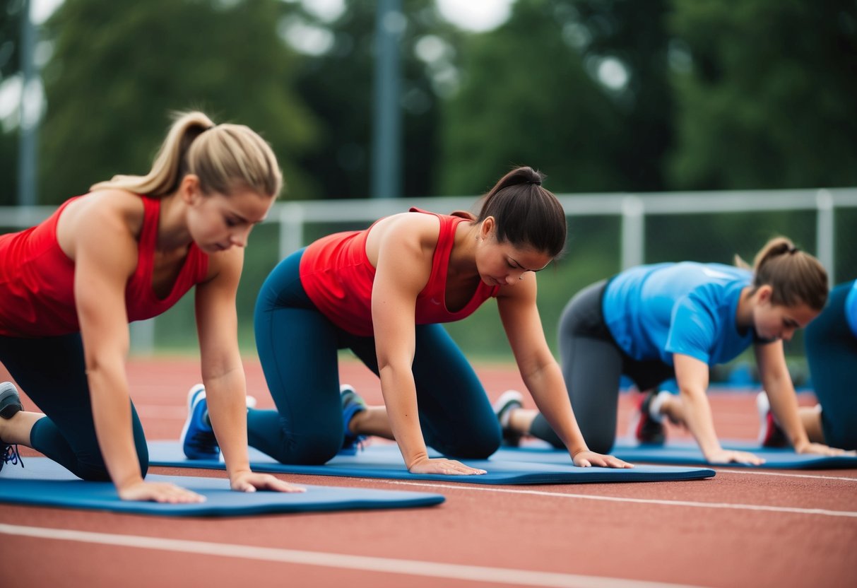 Eine Gruppe von Sportlern wärmt sich auf und dehnt sich vor dem Training, um Sportverletzungen vorzubeugen.