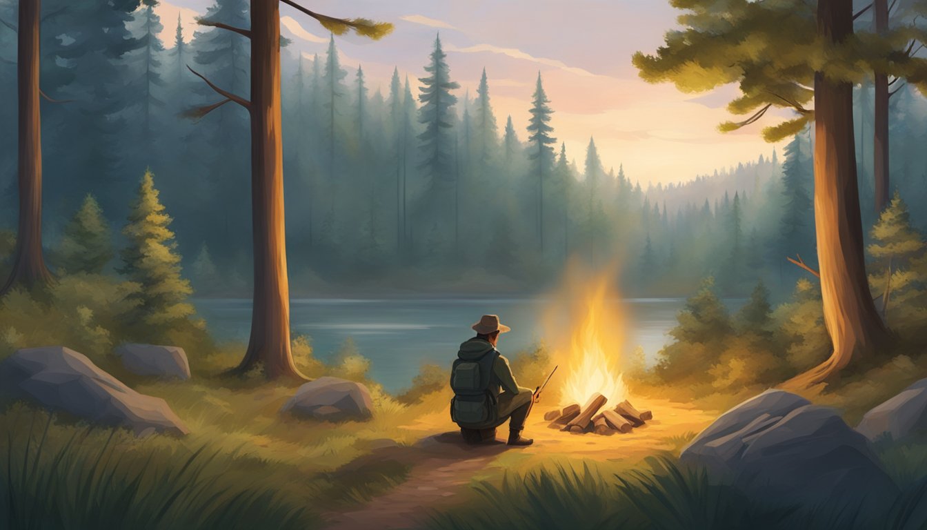 A serene forest clearing with a hunter sitting beside a campfire, surrounded by nature and wildlife, providing a sense of peace and tranquility