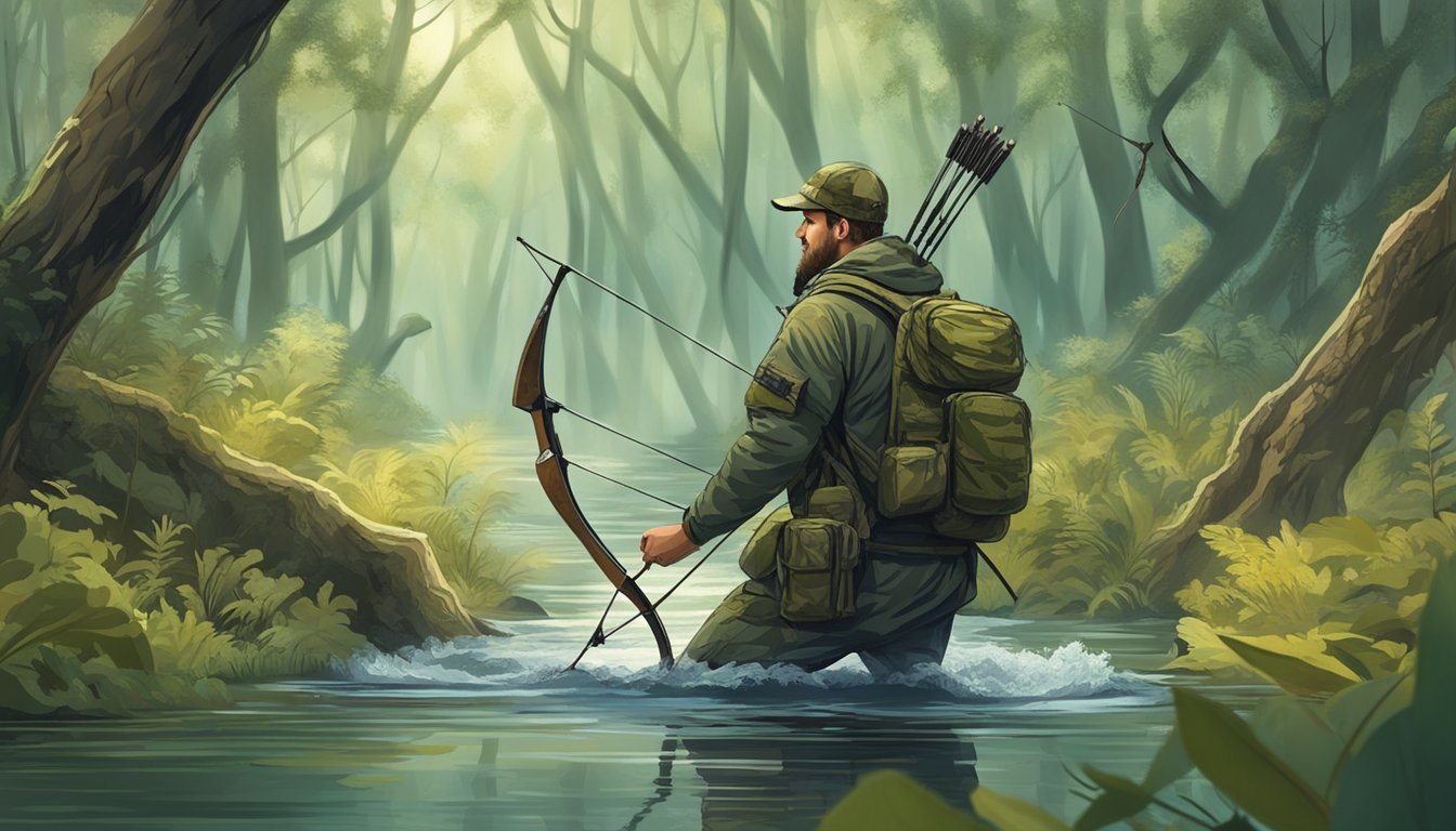 A hunter in camouflage navigating a flooded forest with a bow and arrow, surrounded by wildlife and changing vegetation due to climate change