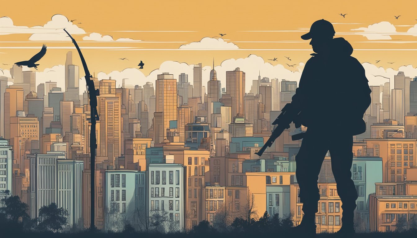 A city skyline with a hunter's silhouette and wildlife in an urban setting, showcasing the juxtaposition of city life and hunting culture