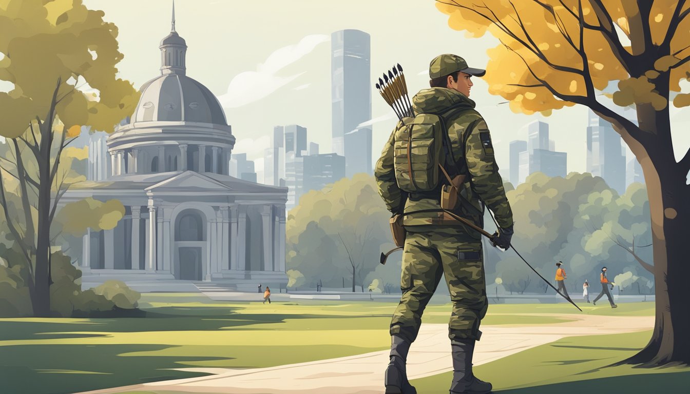 A hunter in camouflage gear walking through a city park, carrying a bow and arrow, with buildings and trees in the background