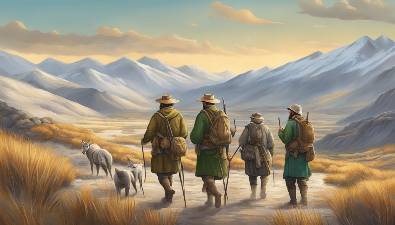 A group of hunters in traditional clothing tracking game through a changing landscape, adapting to new challenges posed by climate change