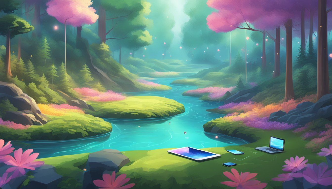 A serene forest with a winding river, surrounded by digital devices floating in the air, emitting calming colors and sounds