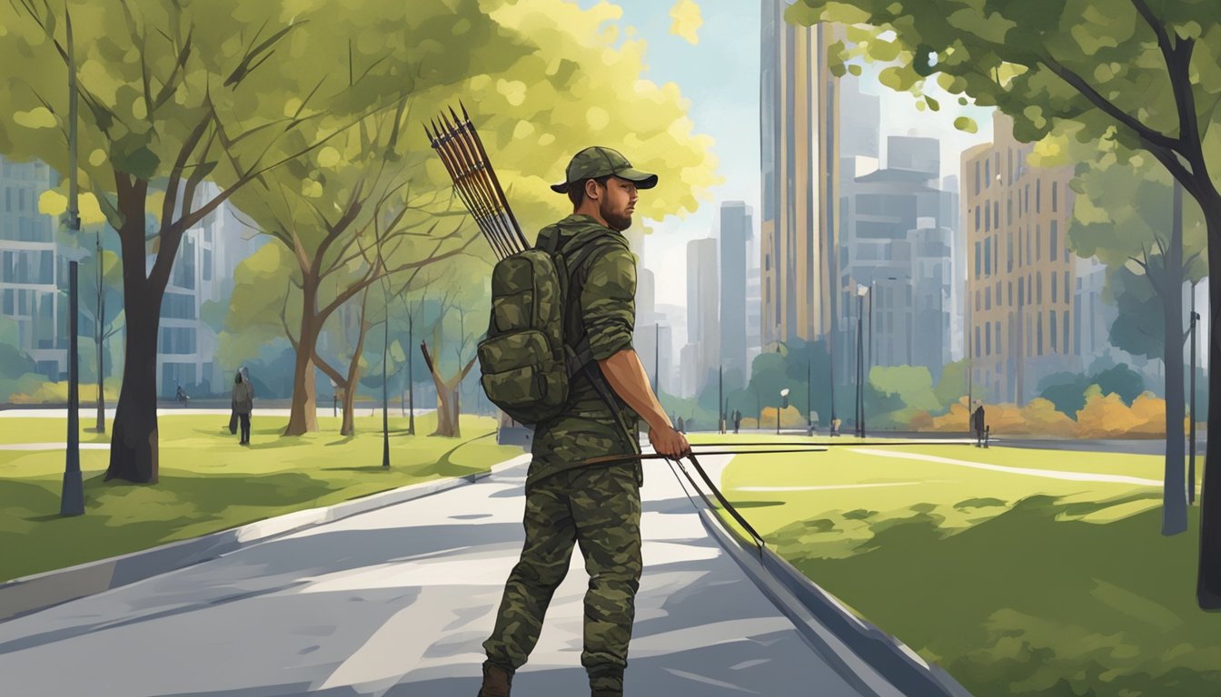 A hunter in camouflage gear walks through a city park, blending into the urban landscape while carrying a bow and arrow. City buildings and trees provide a backdrop