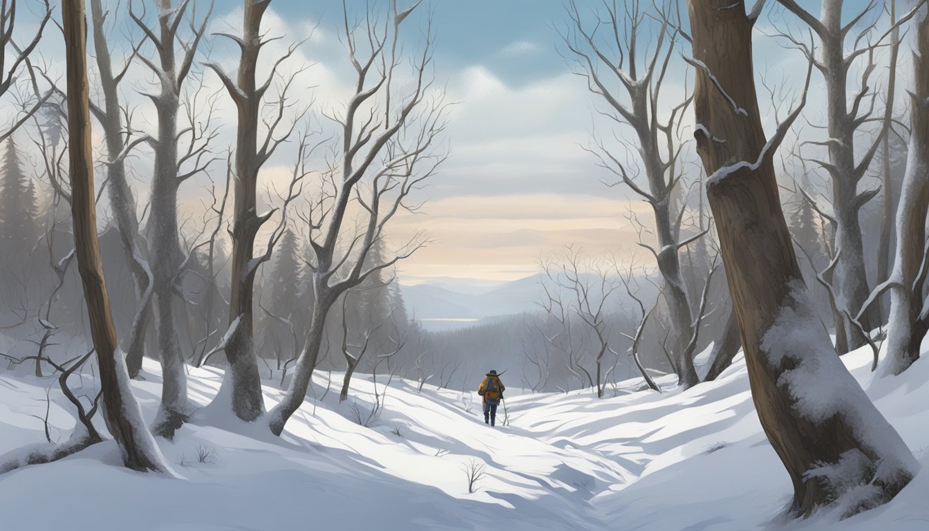 A hunter tracking through a snow-covered forest, with barren trees and a distant storm on the horizon