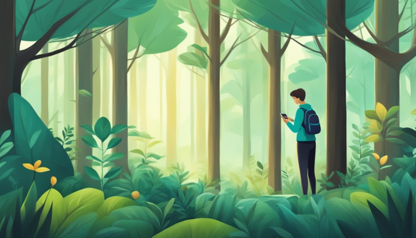 A serene forest with a person using a smartphone while surrounded by nature. A peaceful and harmonious balance between digital and natural therapies