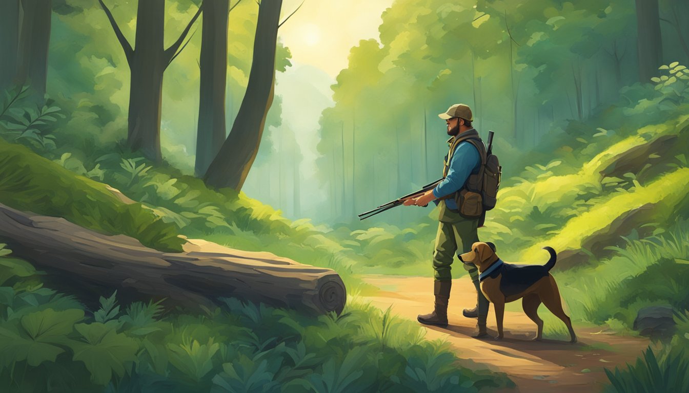 A serene forest clearing with a hunter and their dog, surrounded by vibrant greenery and wildlife. The hunter is calmly focused, finding solace in the natural surroundings