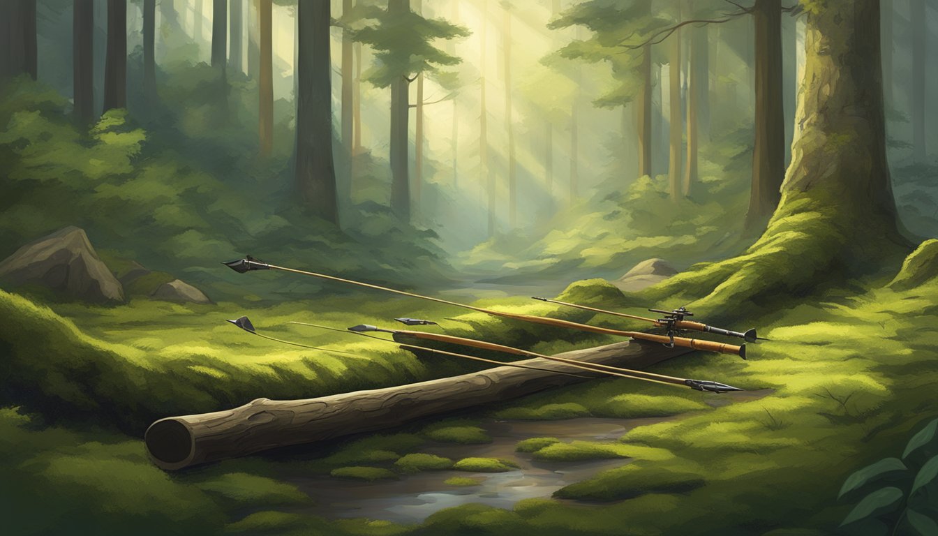 A serene forest clearing with a hunter's bow and arrows laid out on a moss-covered log, surrounded by tall trees and the sound of nature