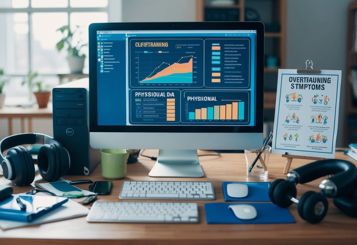 Ein unordentlicher Schreibtisch mit einem Computer, der physiologische Daten anzeigt, umgeben von Trainingsgeräten und einem Diagramm über Übertraining-Symptome