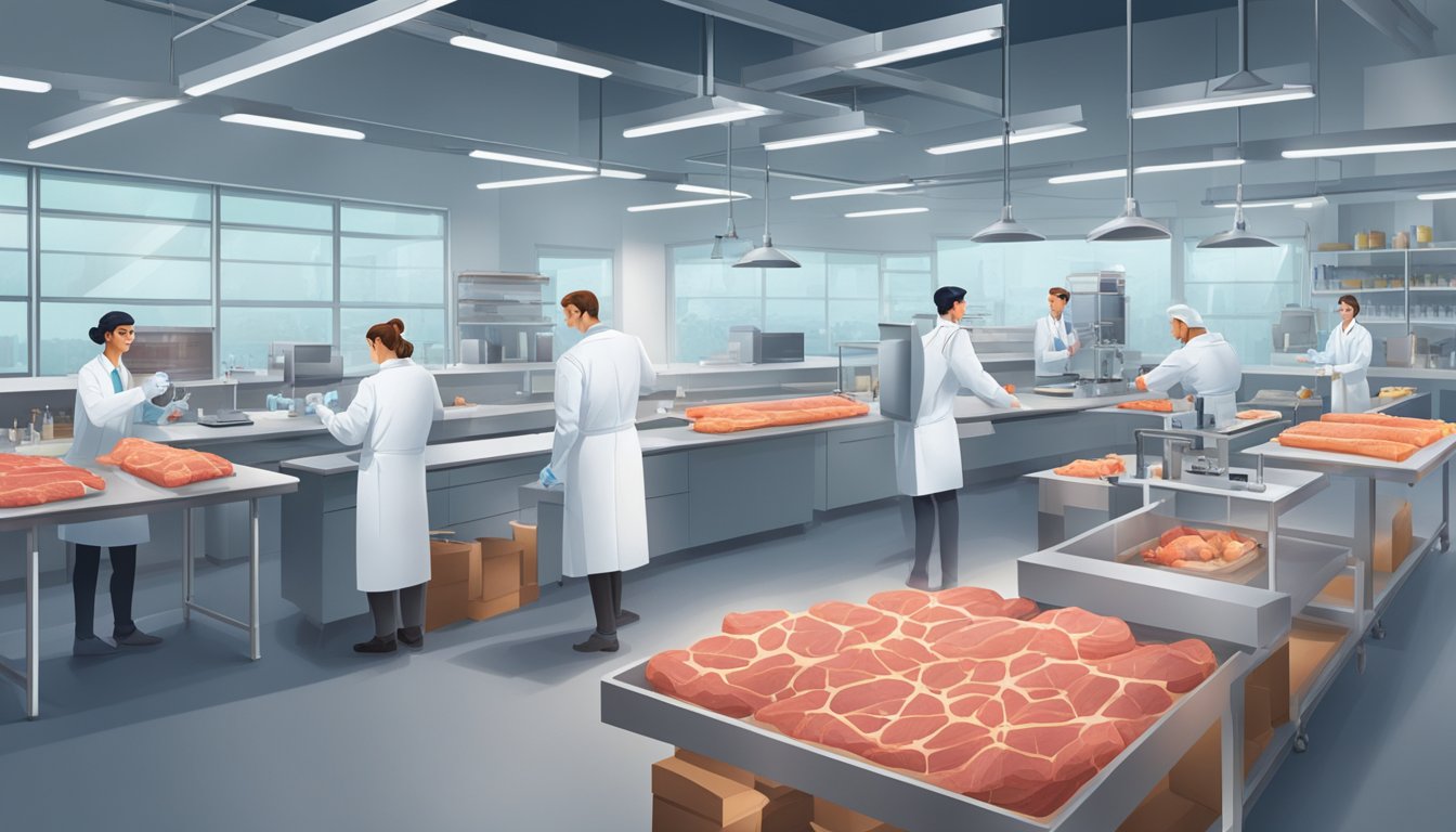 A modern laboratory setting with scientists working on lab-grown meat, while a traditional hunting scene unfolds in the background