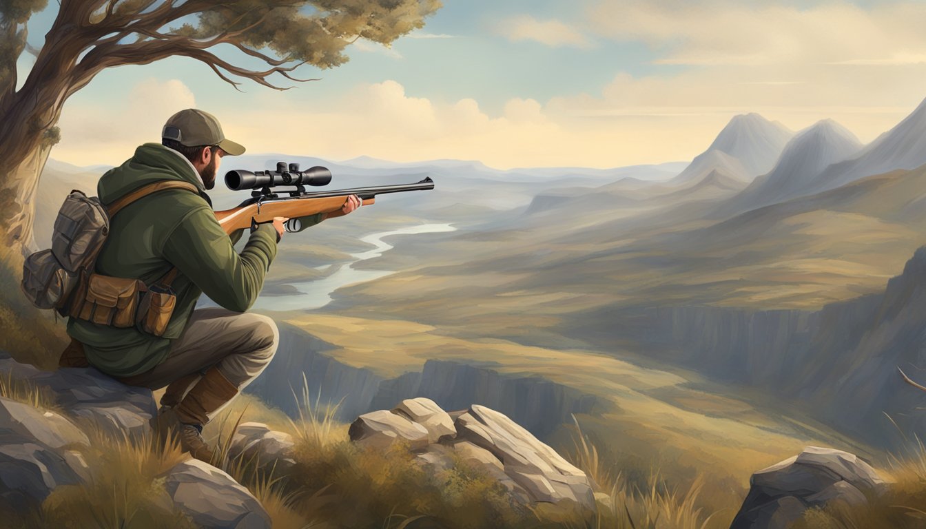 A hunter using a high-powered rifle with a scope, aiming at a distant target in a rugged, natural landscape