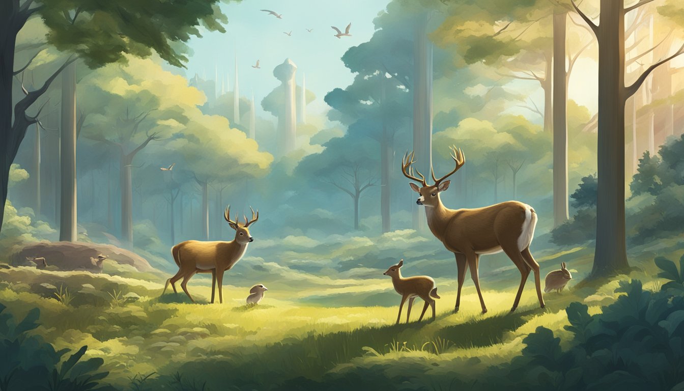 A serene forest clearing with a mix of wildlife, including deer and rabbits, coexisting peacefully. In the distance, a futuristic lab-grown meat facility contrasts with the natural surroundings