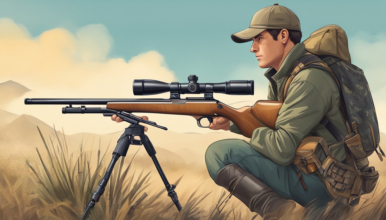 A hunter aiming a high-powered rifle equipped with a scope, while traditional hunting tools like bows and arrows lay nearby