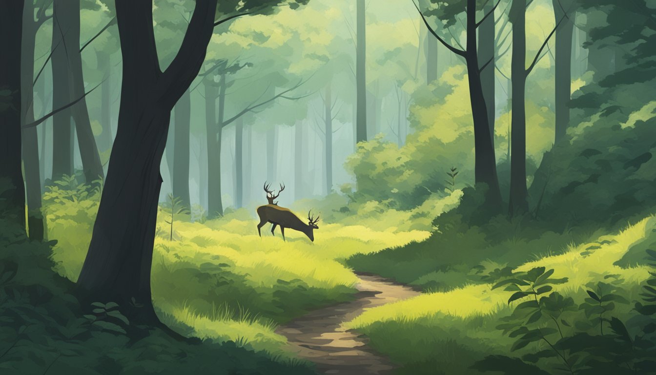 A lush forest with a deer peacefully grazing while a hunter patiently waits in the distance. The contrast between nature and human intervention is evident