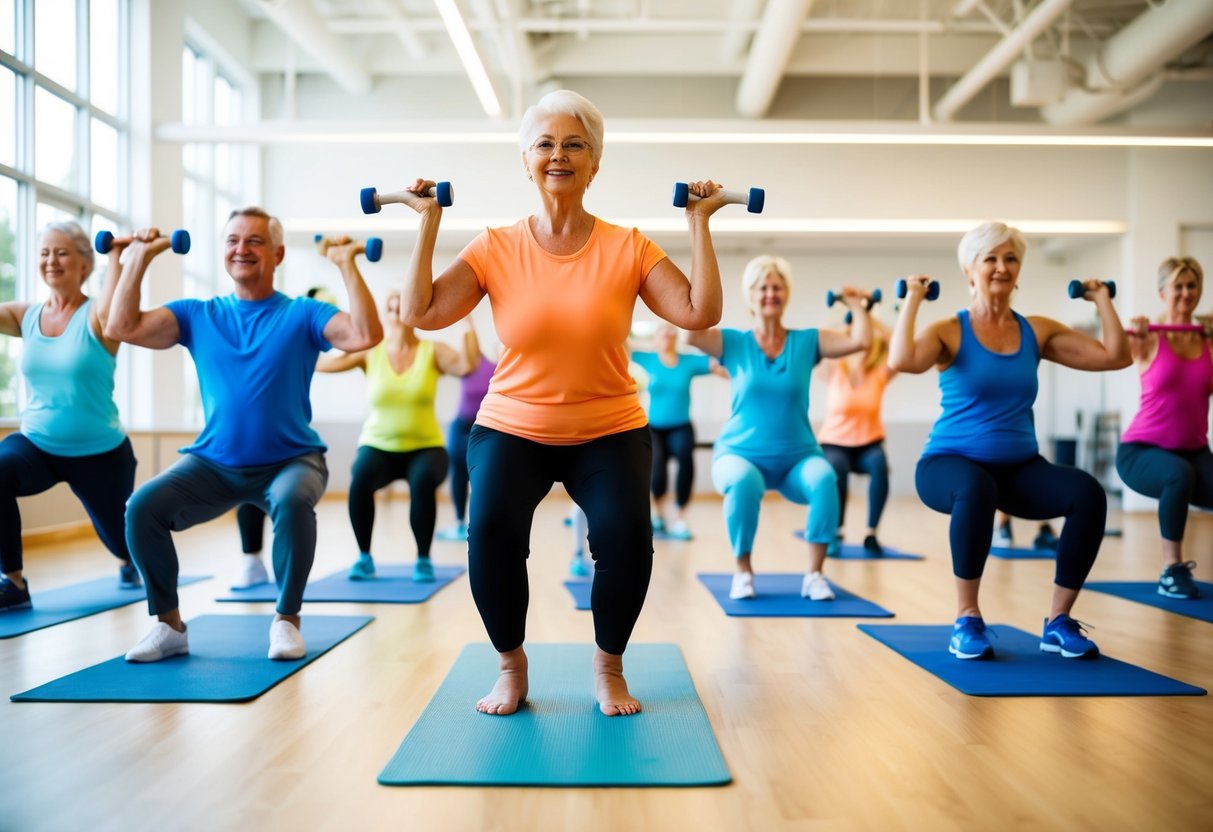 Eine Gruppe von Senioren, die an Fitnessroutinen teilnehmen, einschließlich Dehnen, leichtem Gewichtheben und sanftem Yoga, in einem hellen und geräumigen Gemeinschaftszentrum.