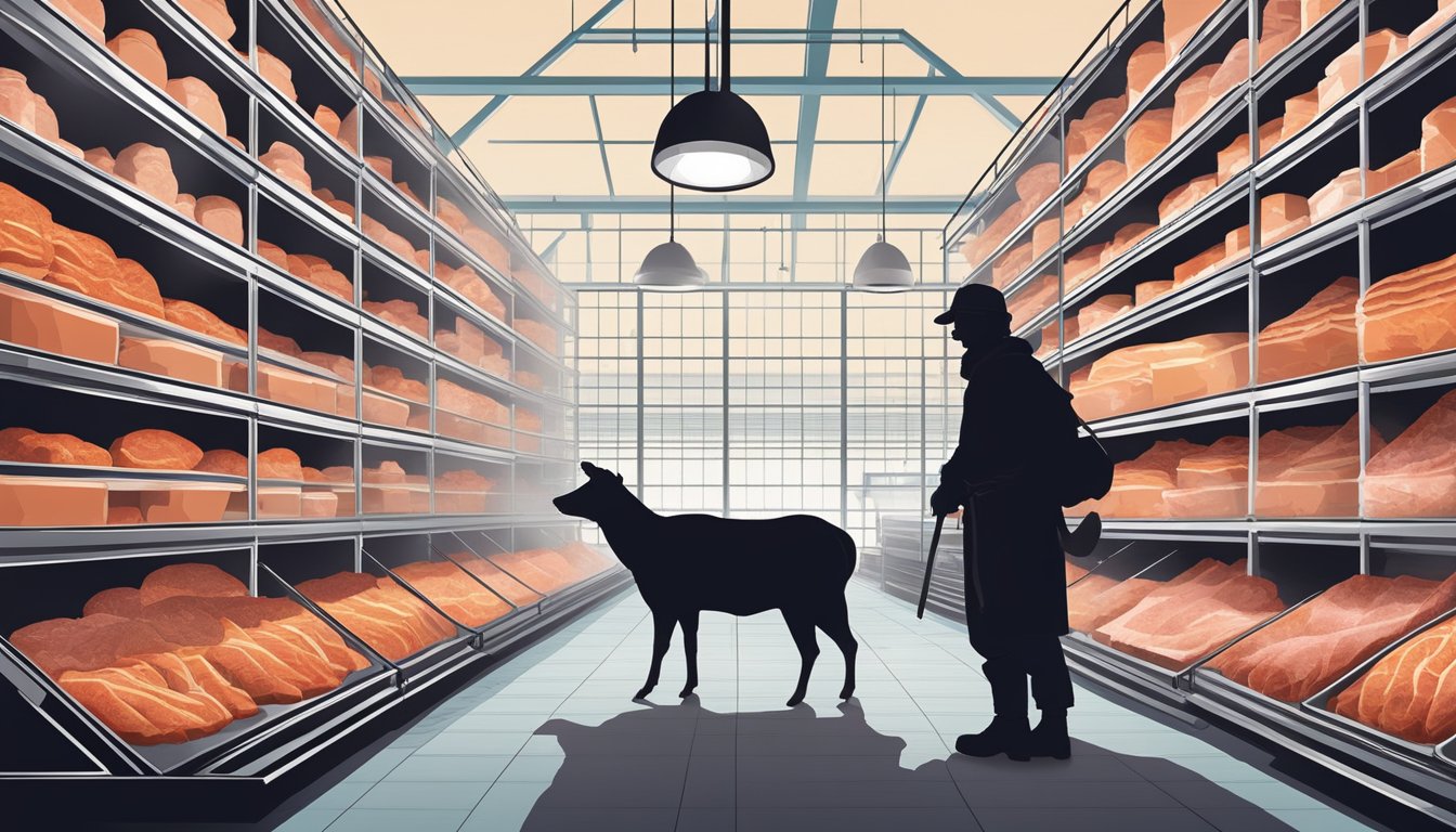 A hunter's silhouette against a backdrop of lab-grown meat vats, highlighting the contrast between traditional hunting and modern food production