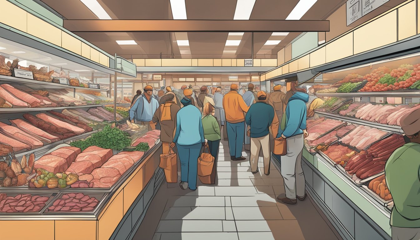 A bustling market with a variety of fresh and preserved meats on display, including wild game and lab-grown options, with consumers comparing and evaluating their choices