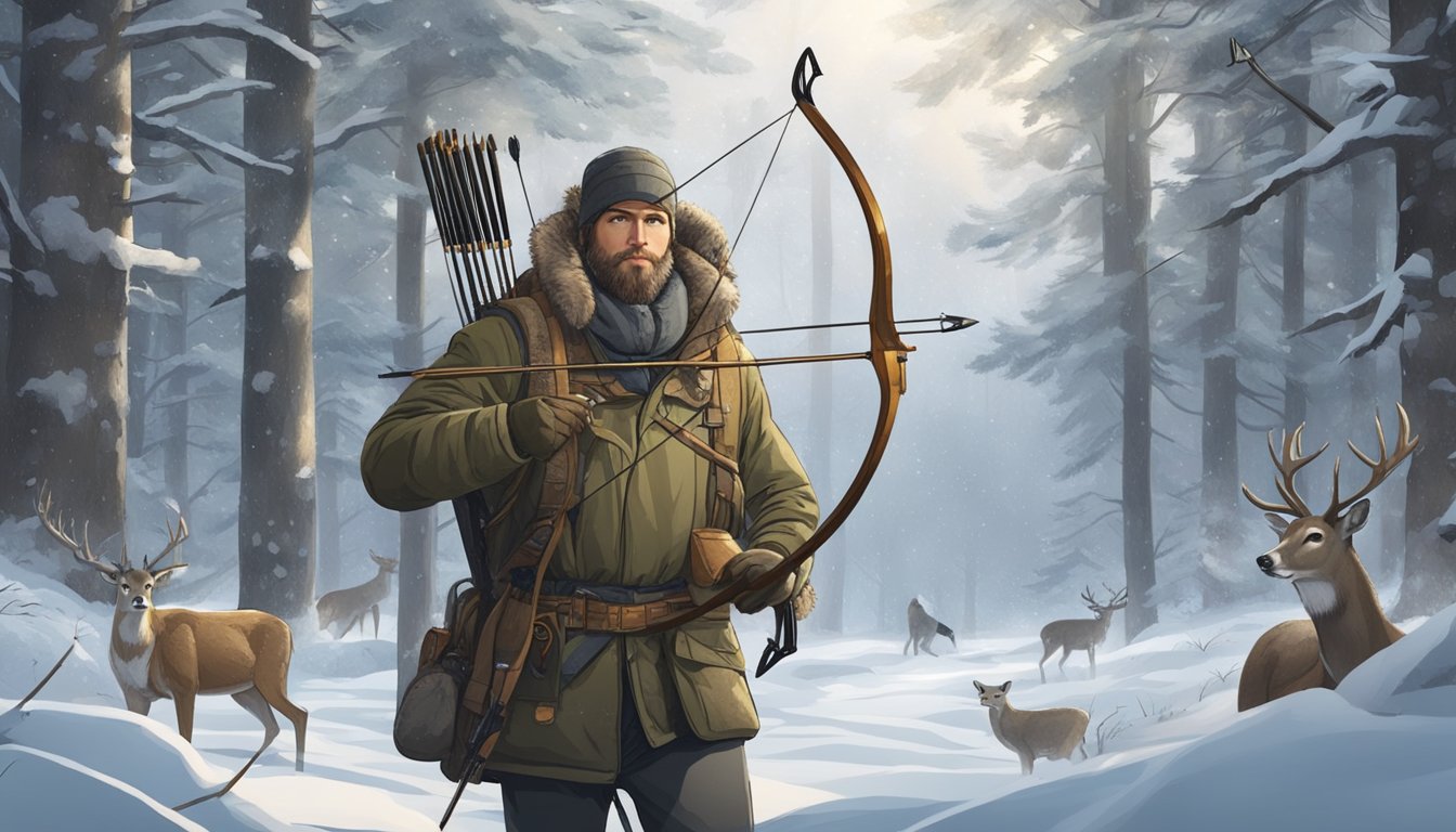 A hunter in a traditional outfit using a bow and arrow to stalk a deer in a snowy forest, with modern hunting equipment in the background