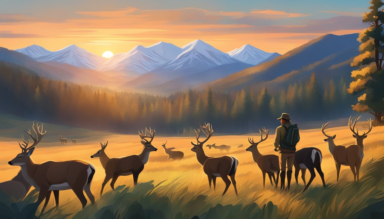 A hunter quietly observes a herd of deer grazing in a lush, protected wilderness. The sun sets behind the mountains, casting a warm glow over the scene