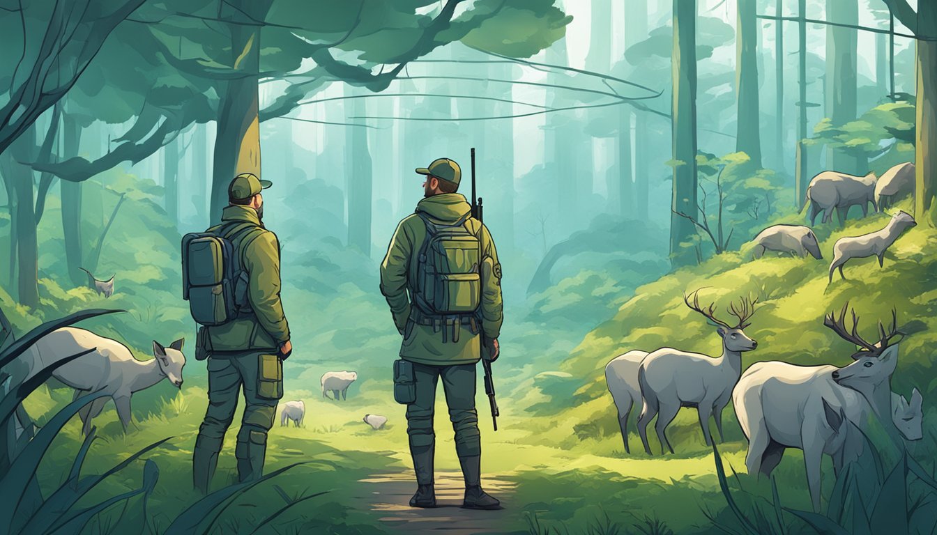 A hunter stands in a forest, surrounded by wildlife. In the background, a laboratory with futuristic equipment for lab-grown meat production