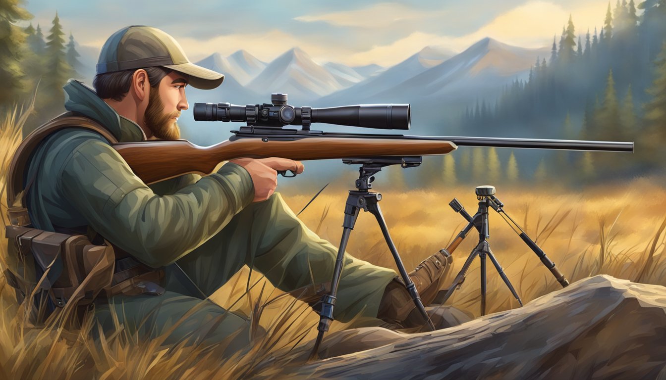 A hunter using modern technology, such as a high-powered rifle and scope, while traditional hunting tools, like a bow and arrow, sit unused nearby