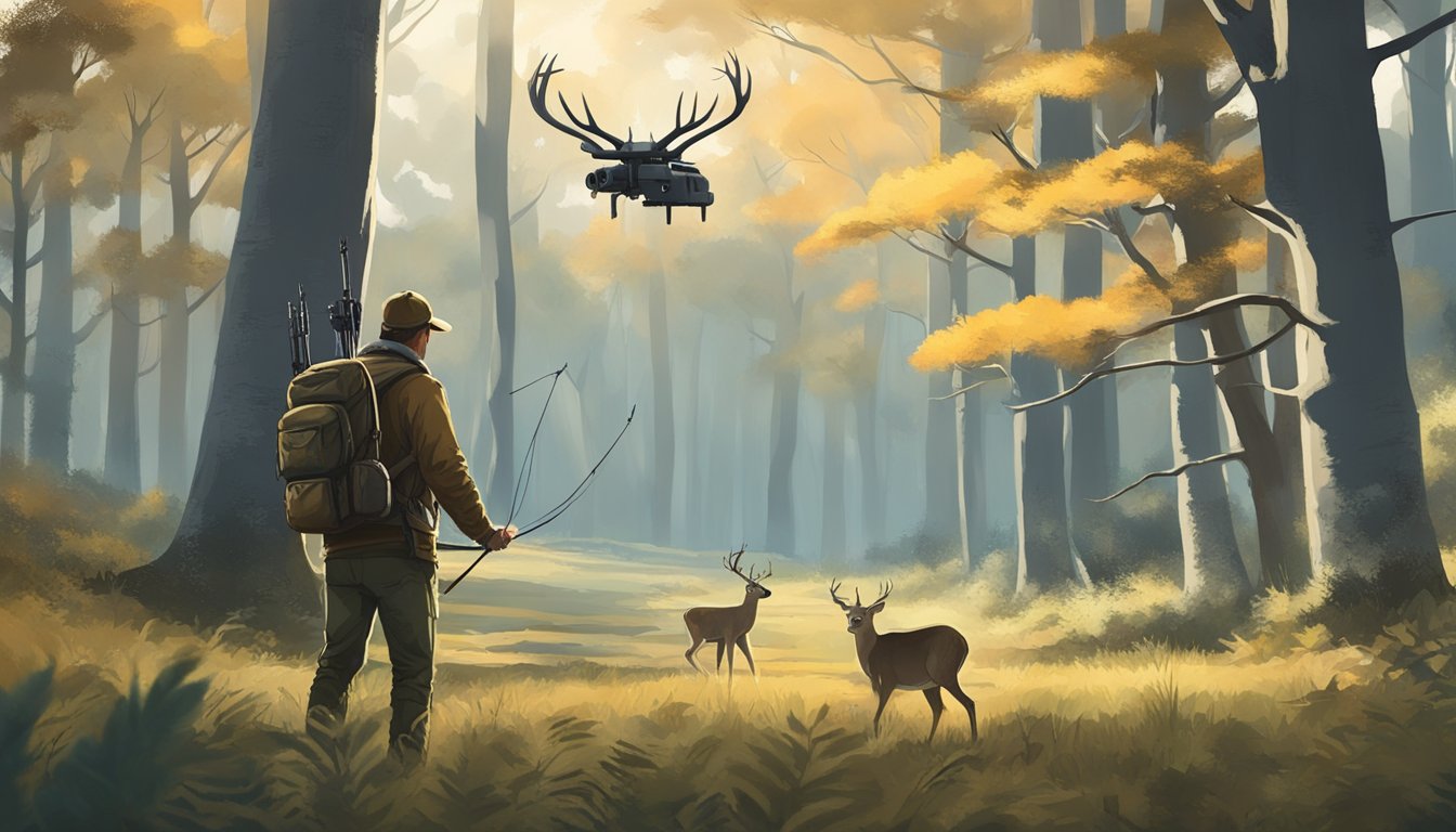 A hunter with a traditional bow stalking a deer in a forest clearing, while a drone hovers overhead capturing the scene