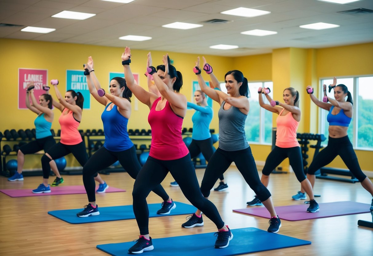 Eine Gruppe von Anfängern, die hochintensive Intervalltraining-Übungen in einem geräumigen, gut beleuchteten Fitnessstudio mit bunten Trainingsgeräten und motivierenden Postern an den Wänden durchführt.