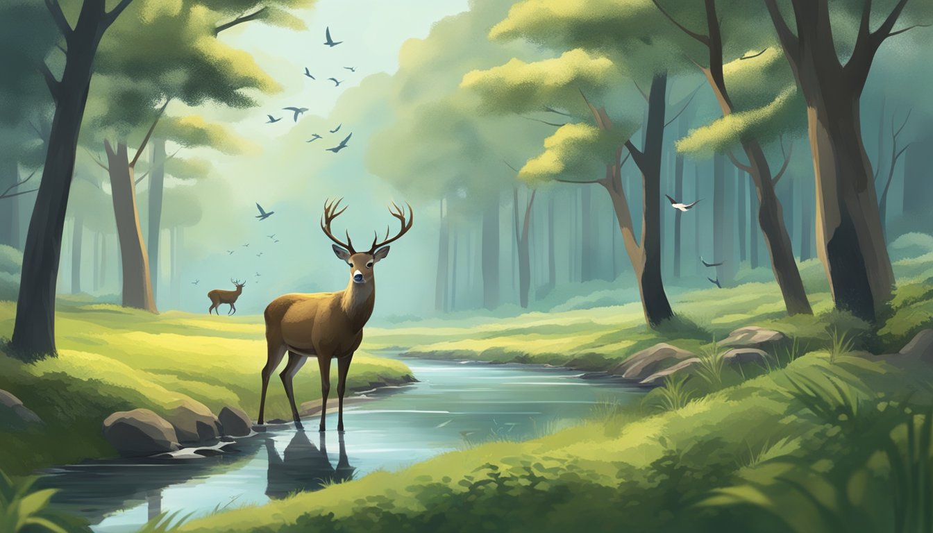 A serene forest with a deer peacefully grazing, while birds fly overhead and a small stream winds through the landscape