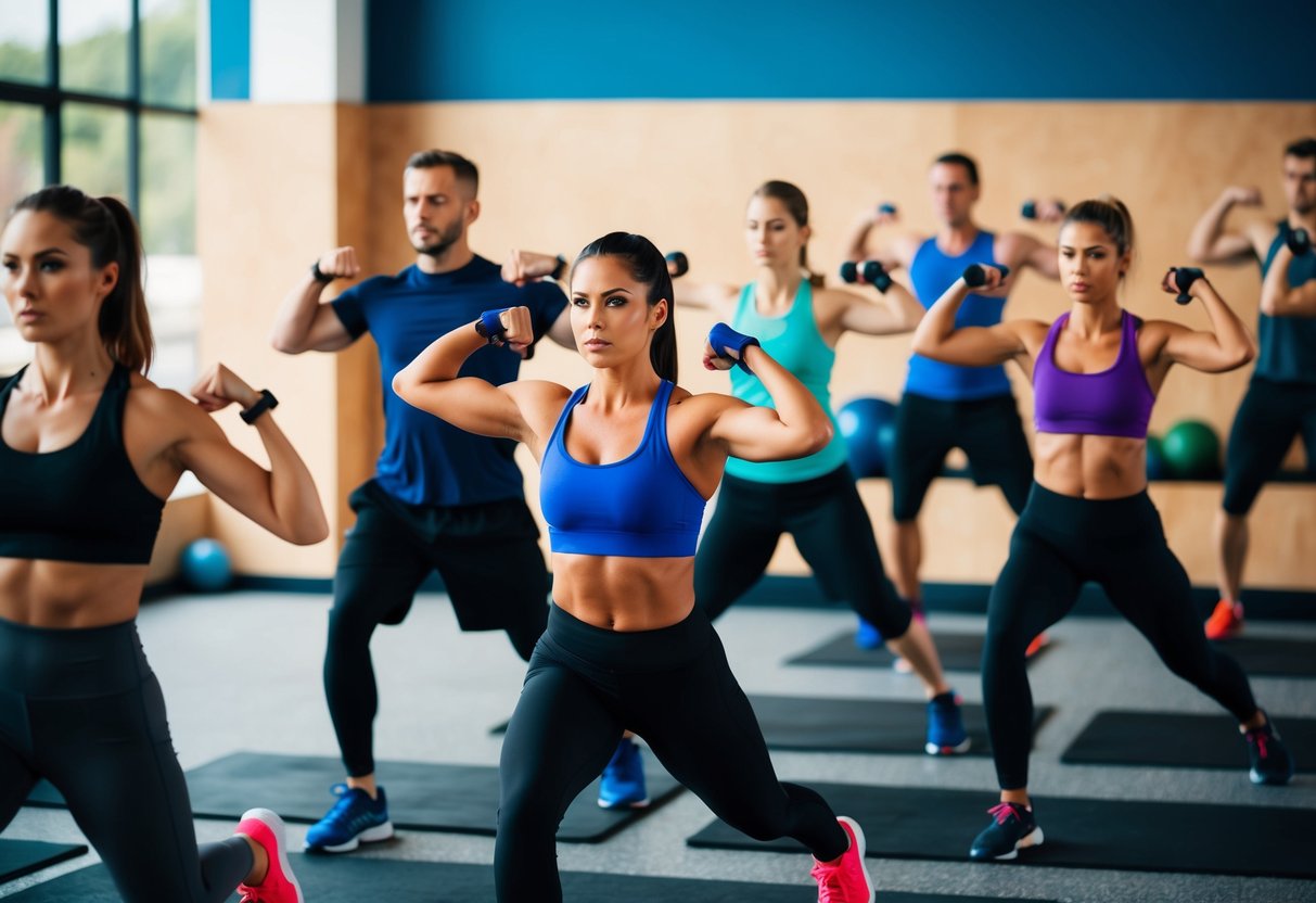 Eine Gruppe von Menschen, die hochintensive Intervalltraining-Übungen in einem Fitnessstudio oder im Freien ausführt. Das Training umfasst eine Mischung aus Ausdauer- und Kraftübungen.