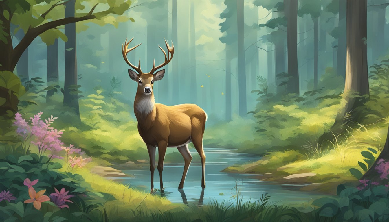 A serene forest clearing with a deer peacefully grazing, surrounded by diverse flora and fauna