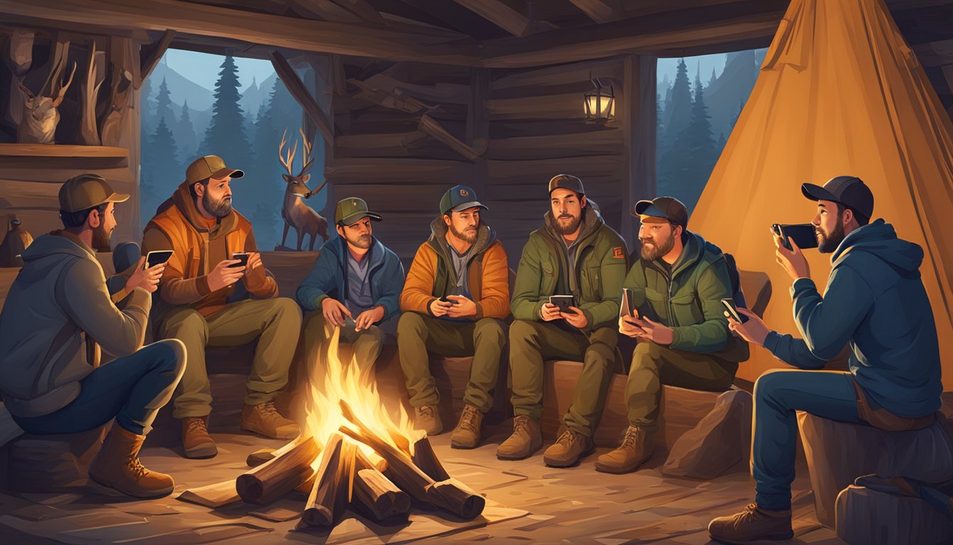 A group of hunters gather around a campfire, sharing stories and tips while scrolling through social media on their smartphones. In the background, a large hunting trophy is displayed on the wall