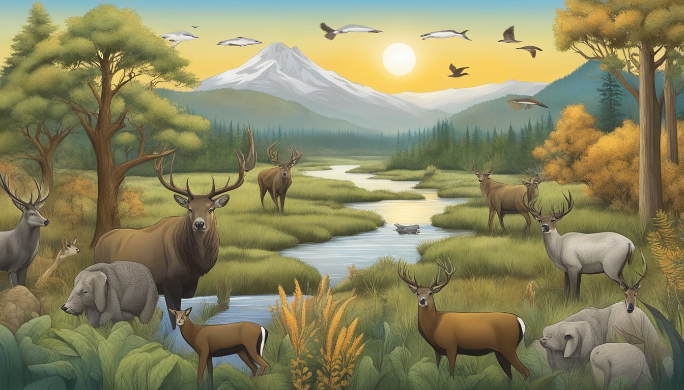 A diverse ecosystem with various wildlife species coexisting in a balanced environment, showcasing the principles of wildlife management and land stewardship through hunting as a conservation approach