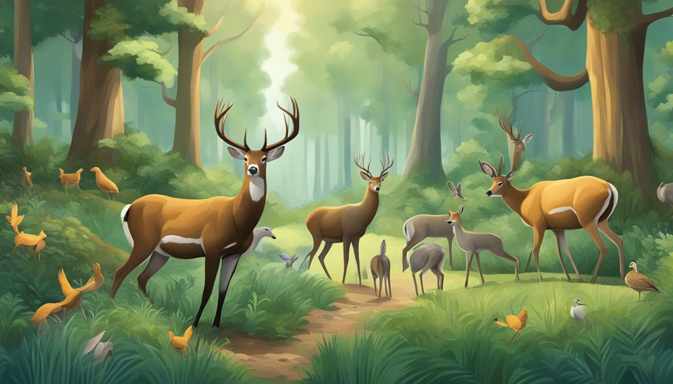 A serene forest clearing, with a group of animals peacefully coexisting. A variety of wildlife, including deer, rabbits, and birds, can be seen in their natural habitat