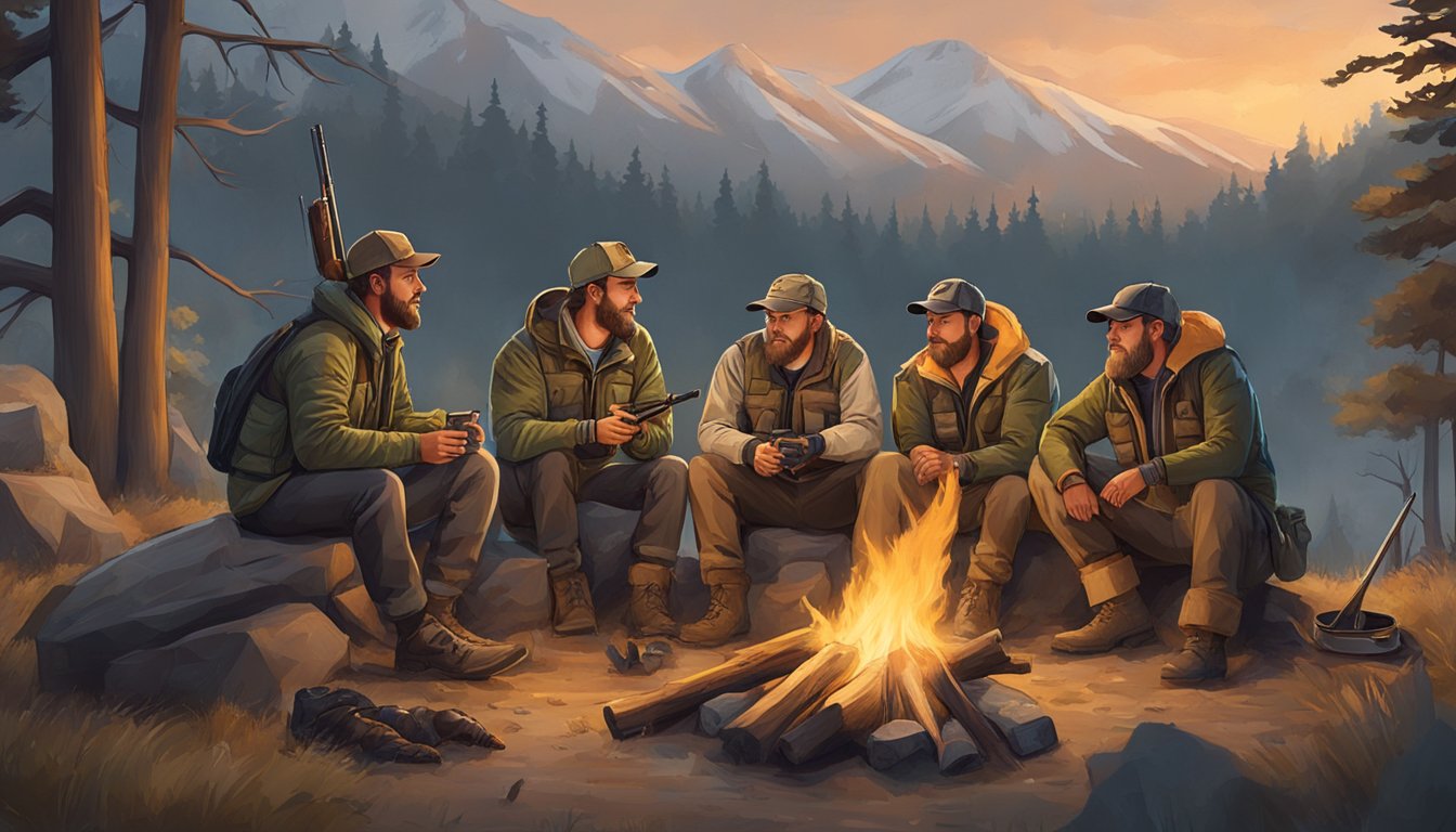 A group of hunters gather around a campfire, discussing social media posts and videos from influential figures in the hunting community. They are surrounded by hunting gear and wildlife in the background