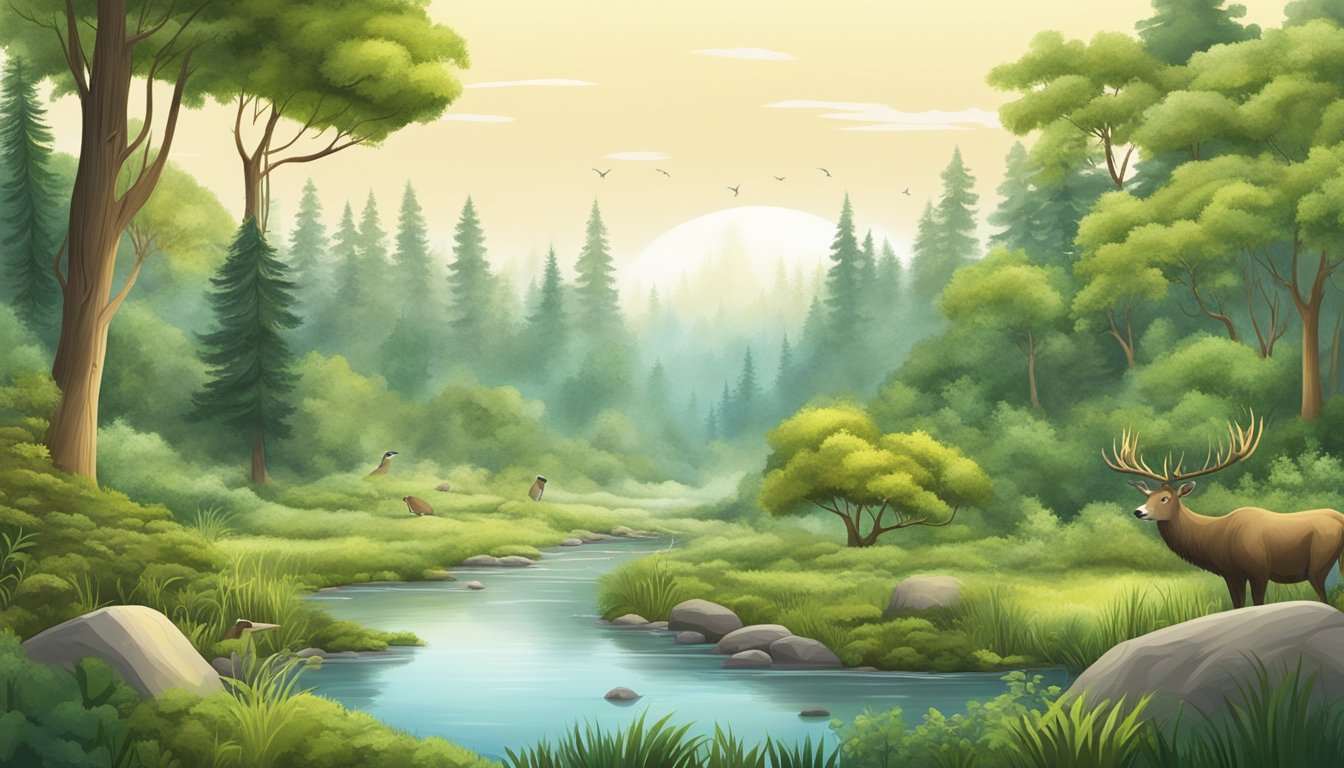 A serene forest landscape with diverse wildlife, healthy vegetation, and a balanced ecosystem