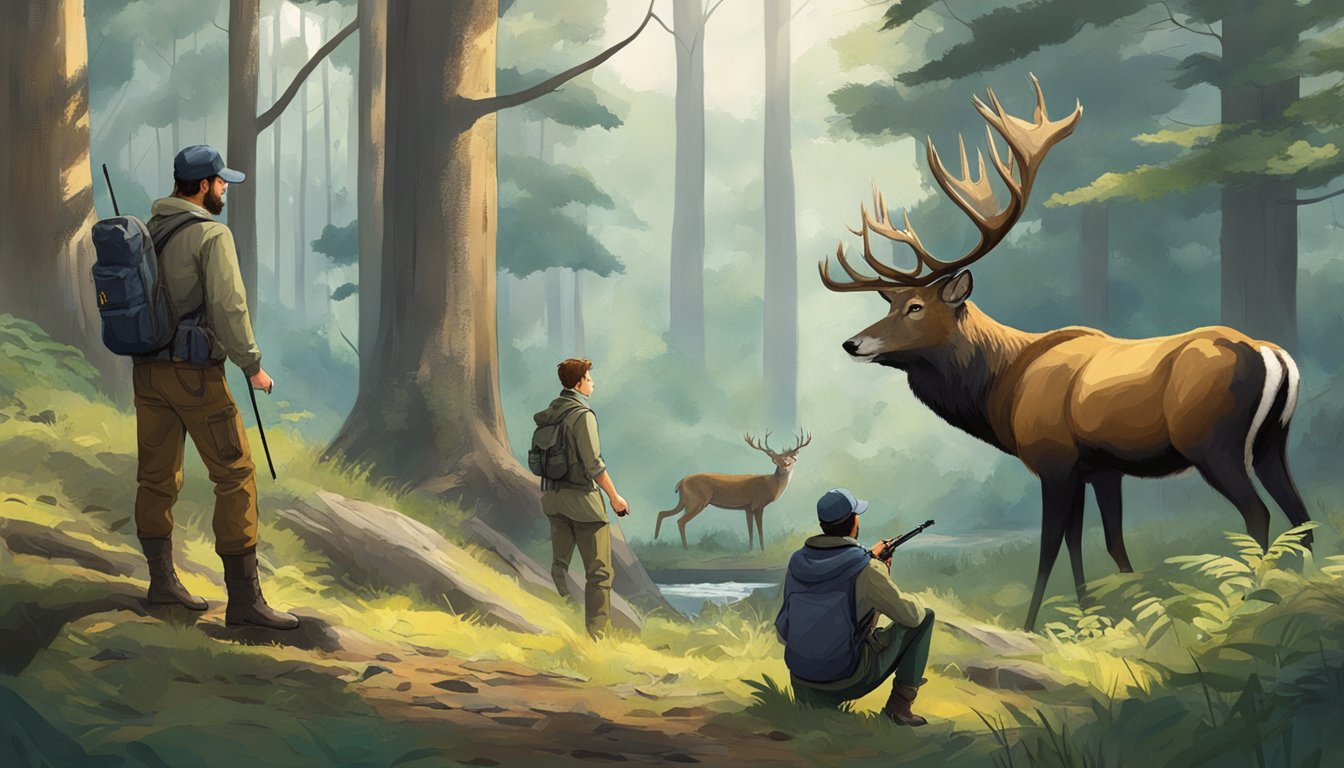 A group of researchers observe wildlife in a tranquil forest, while a hunter respectfully shares the space, emphasizing coexistence