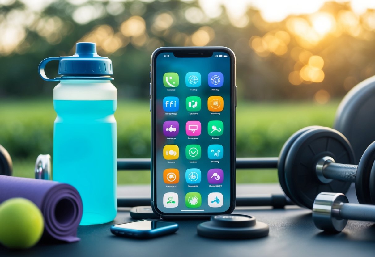 Ein Smartphone, das verschiedene Fitness-App-Symbole anzeigt, umgeben von Trainingsgeräten und einer Wasserflasche.