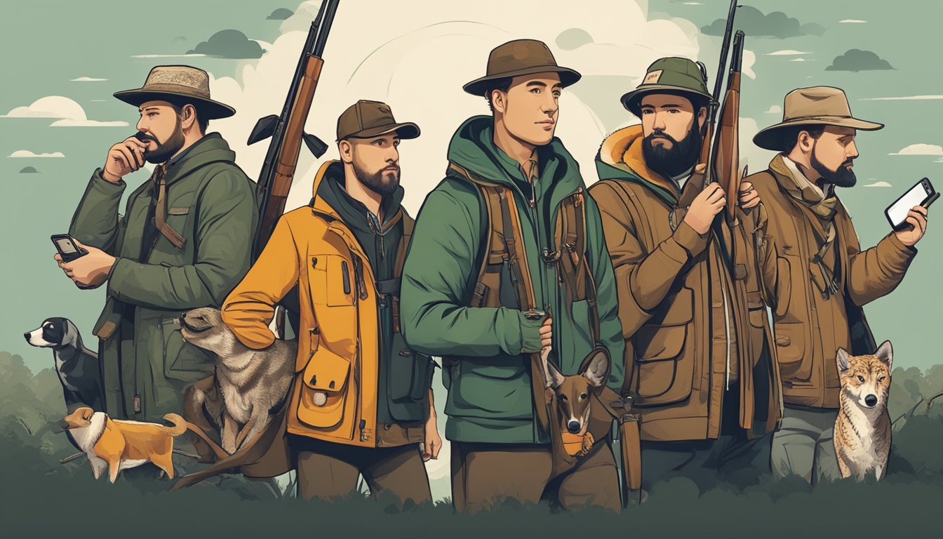 A group of hunters in traditional gear, surrounded by modern social media symbols and technology, representing the clash between traditional hunting culture and the influence of social media