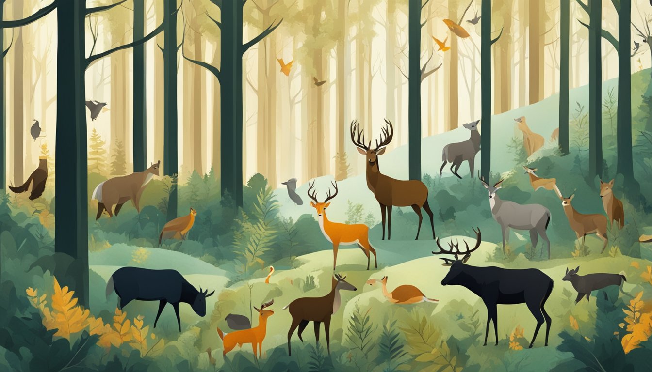 A forest clearing with animals peacefully coexisting, surrounded by a mix of hunting and animal rights symbols