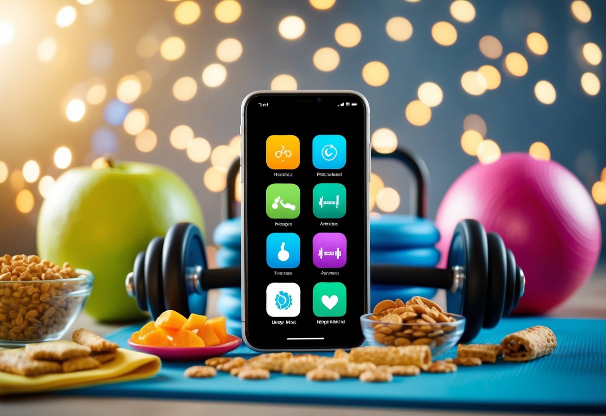 Ein Smartphone mit verschiedenen Fitness-App-Icons auf dem Bildschirm, umgeben von Trainingsgeräten und gesunden Snacks