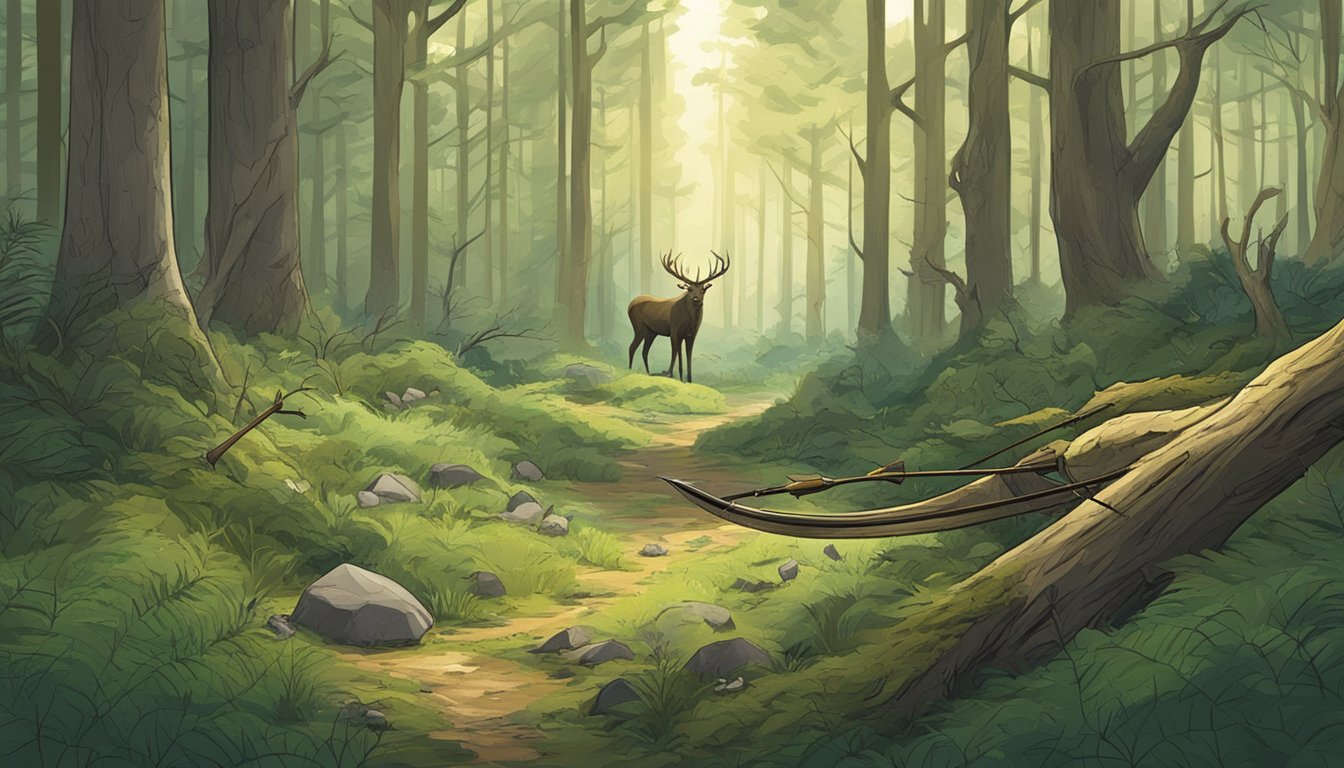 A serene forest with wildlife peacefully coexisting. A hunter's bow and arrow lie abandoned on the ground, as animals roam freely