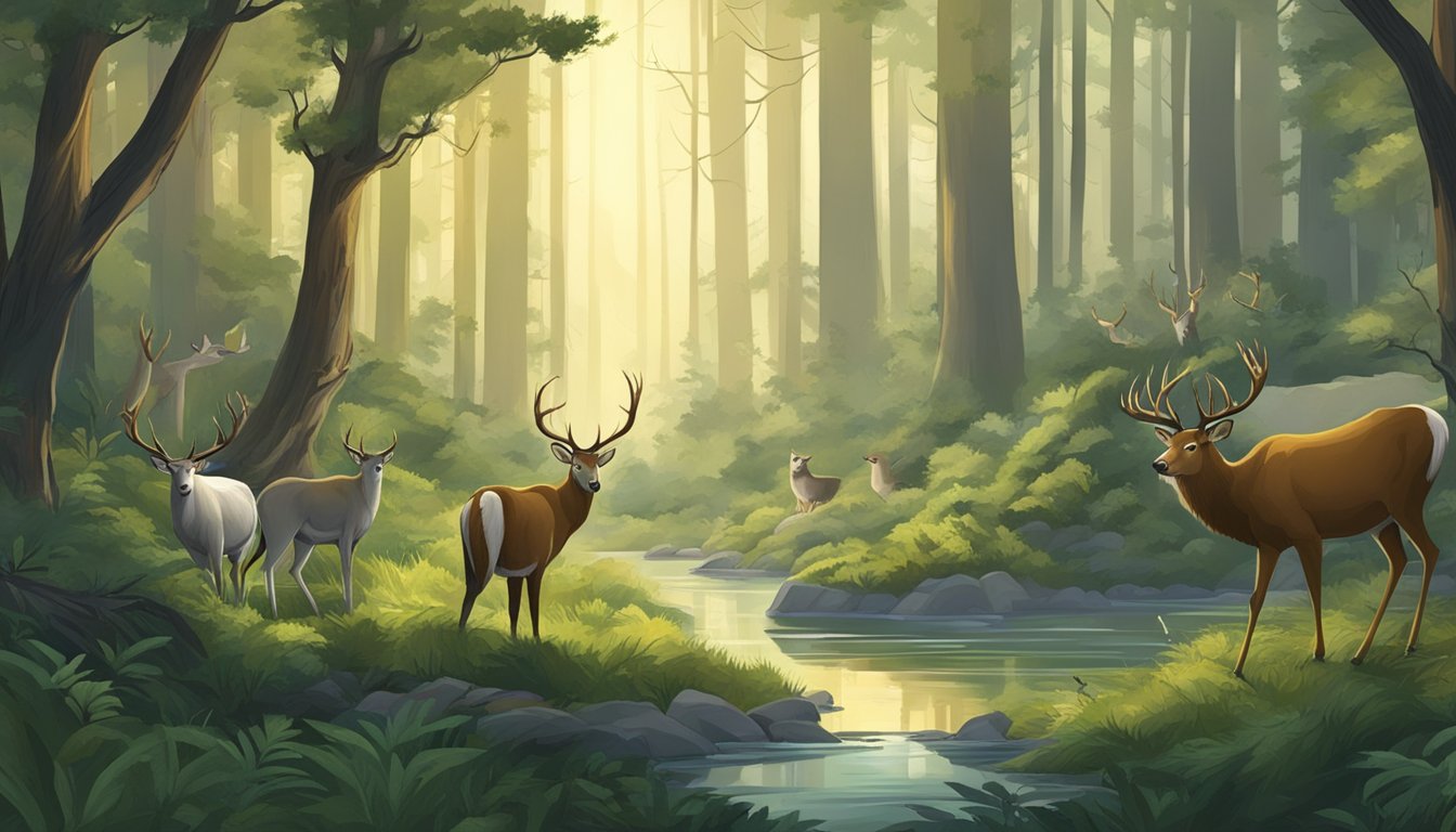 A serene forest with animals peacefully coexisting, untouched by hunting activity