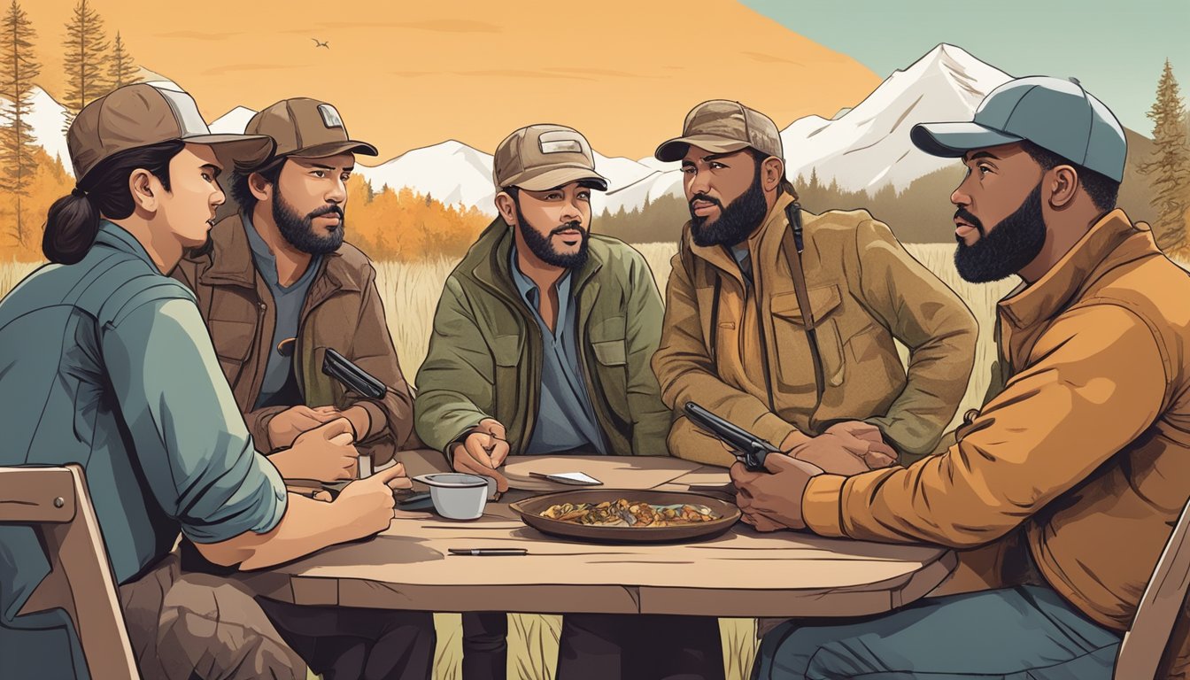 A group of diverse individuals engage in a heated discussion about hunting, with various demographic and social factors influencing their opinions