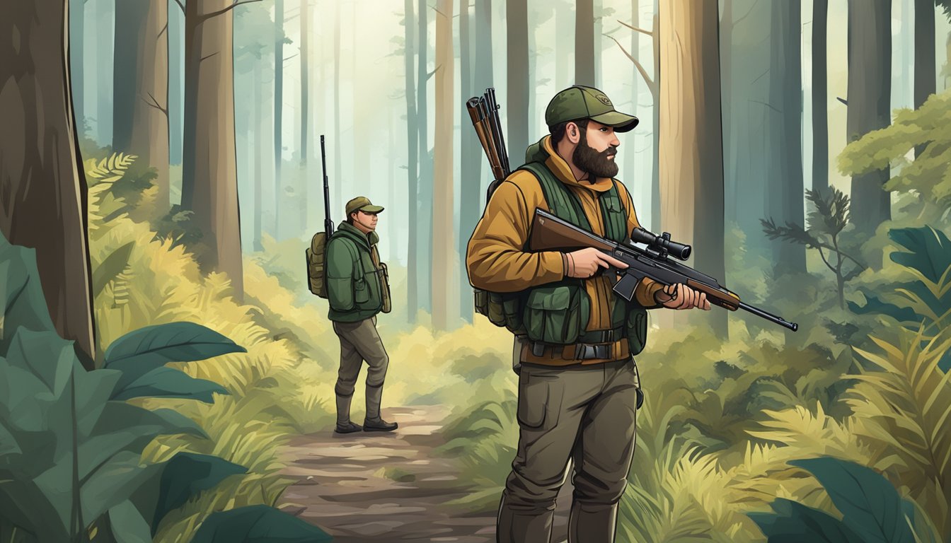 A hunter holding a rifle while standing in a forest, surrounded by wildlife and conservation signs