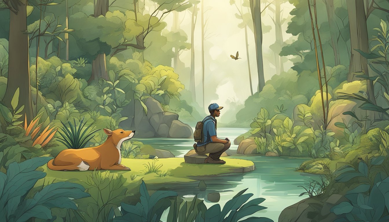 A serene forest with animals peacefully coexisting, while a hunter sits contemplatively, surrounded by untouched vegetation and a variety of plant-based foods