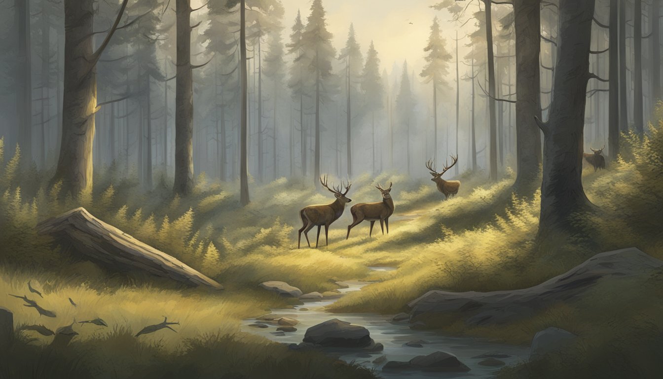 A tranquil forest with a deer peacefully grazing, while in the distance, a group of hunters stand with their weapons at the ready